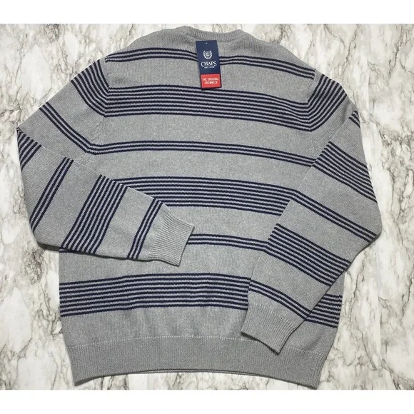CHAPS Sweater Mens Size 2XL Gray Navy Striped Embroidered Logo NWT - Picture 6 of 9